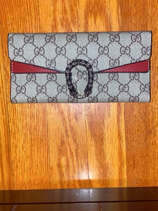 Gucci Gray Gg Supreme Continental Wallet With Burgundy Trim